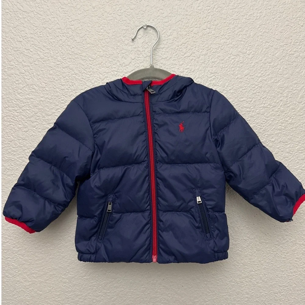 Ralph Lauren Navy Blue Down Puffer Hooded Jacket Size 12 Months Packable Bag